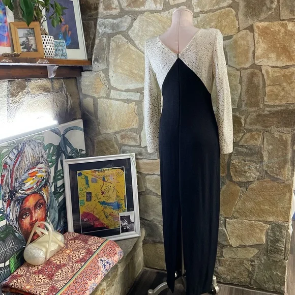 Vintage 1980s St. John Evening Studded Knit Maxi Dress – Black & Cream - Picture 6 of 12